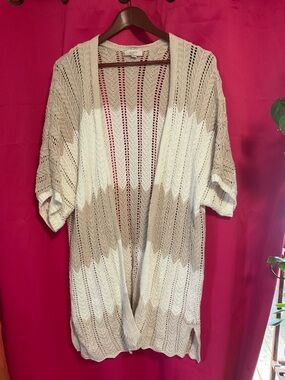 LOFT Beige and White Open-Front Cardigan
